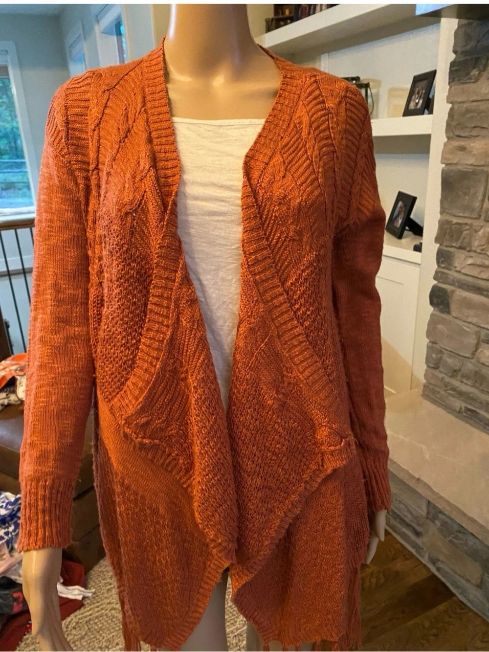 Homely Open-Front Burnt Orange Knit Cardigan Sweater with fringe Size Small- 028